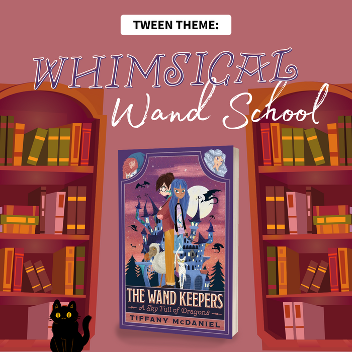 Illustrations of bookshelves and a black cat on a pink background. The book "The Wand Keepers: A Sky Full of Dragons" by Tiffany McDaniel sits in the center of the image. Tween Hint: Whimsical Wand School is written across the top of the image.