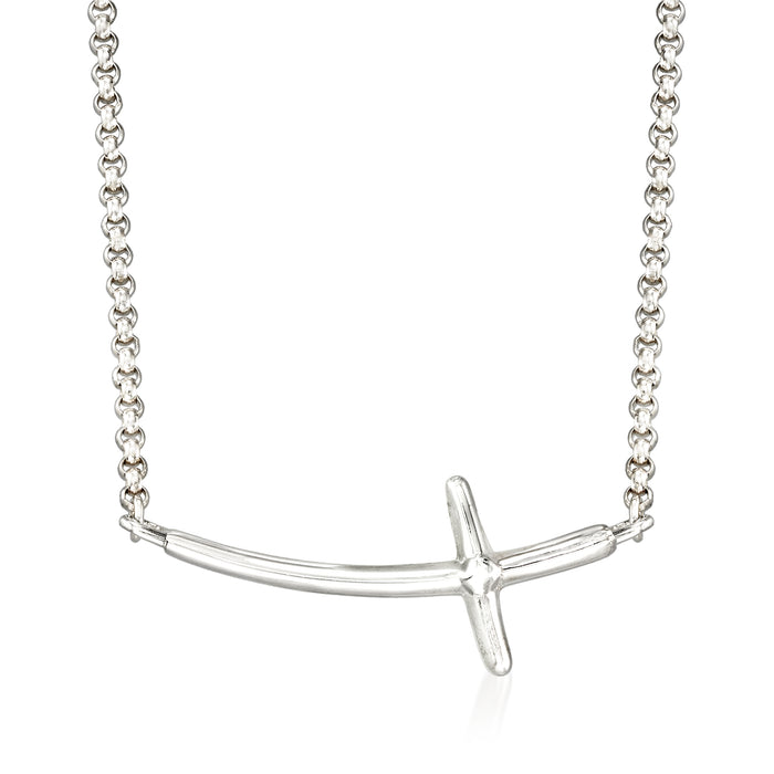 Sterling silver sideways cross necklace with curb chain and bar cross pendant